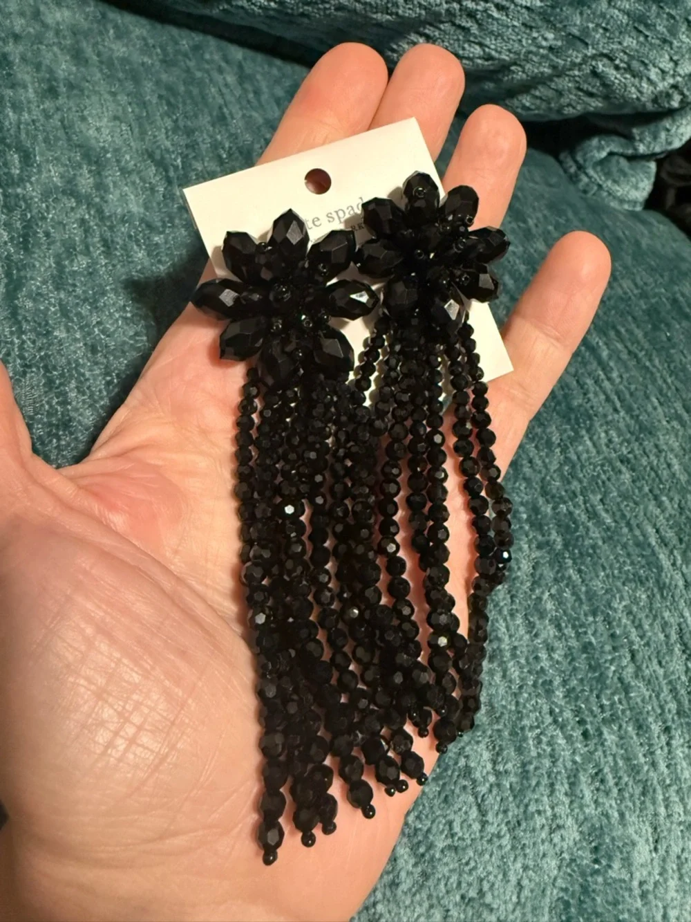 kate spade Black Crystal Floral Flourish Tassel statement Earrings 4”